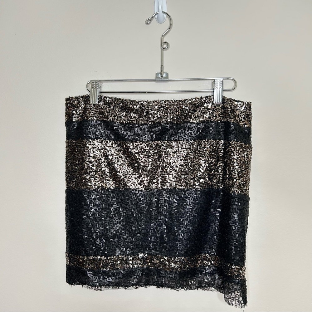 Lucca Couture High Waist Sequin Mini Skirt Black & Gold Stripe Size Medium
